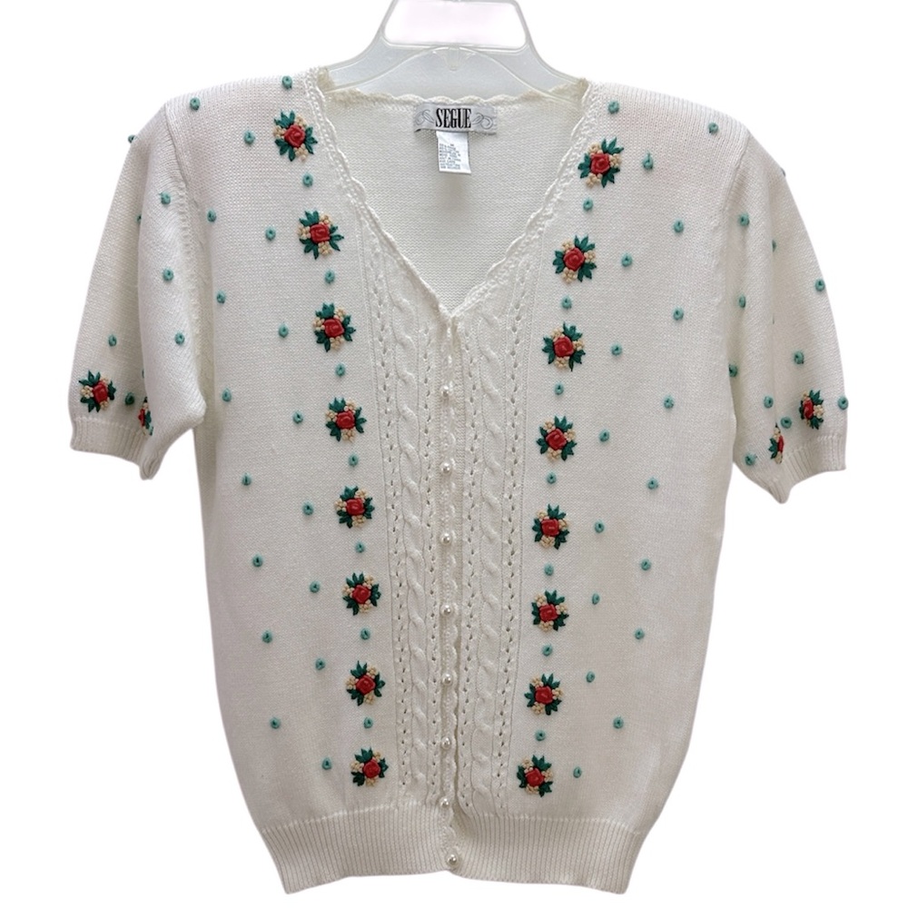 Vtg Segue Embroidered Floral Short Sleeve Button Knit‎ Sweater M White Romantic